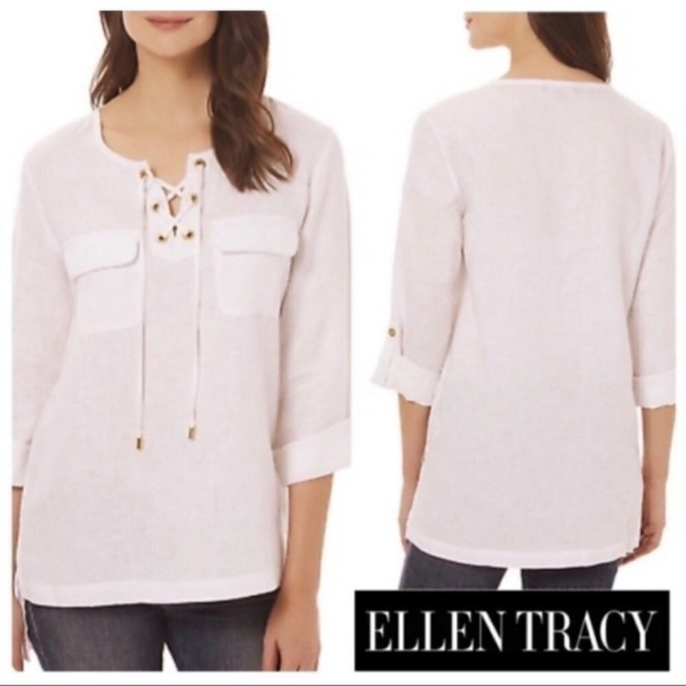 Ellen Tracy White Linen Blouse in Chalk